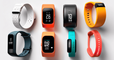 Create an image featuring a variety of modern fitness trackers displayed on a clean, white background. Each tracker should highlight different features such as heart rate monitoring, step counting, GP