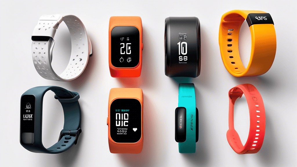 Create an image featuring a variety of modern fitness trackers displayed on a clean, white background. Each tracker should highlight different features such as heart rate monitoring, step counting, GP