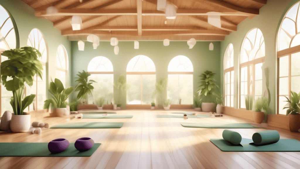 Create an image of a serene yoga studio with natural light streaming in. Show diverse individuals practicing gentle yoga poses on mats, with soft props like bolsters and blankets for support. Illustra