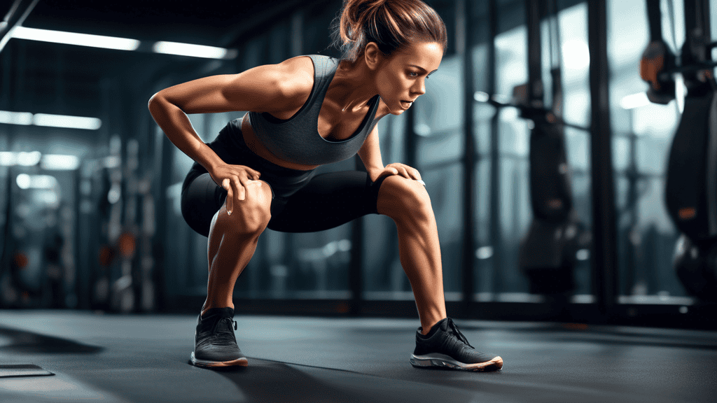 Create an image that shows a person engaging in a HIIT (High-Intensity Interval Training) workout in a modern gym. The person is performing exercises like jumping jacks, push-ups, and sprinting in pla