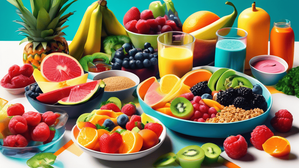 Create an image depicting a vibrant and healthy meal spread tailored for fitness enthusiasts. Include a variety of colorful fruits, vegetables, lean proteins, whole grains, and a smoothie. Show athlet