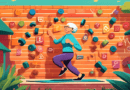 Create an image of an elderly person breaking through a brick wall labeled Fitness Plateau with a determined expression, surrounded by symbols of various exercise routines like yoga mats, dumbbells, a