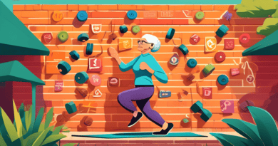 Create an image of an elderly person breaking through a brick wall labeled Fitness Plateau with a determined expression, surrounded by symbols of various exercise routines like yoga mats, dumbbells, a