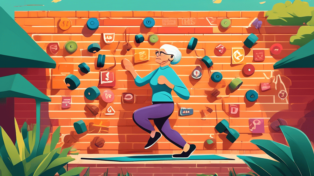 Create an image of an elderly person breaking through a brick wall labeled Fitness Plateau with a determined expression, surrounded by symbols of various exercise routines like yoga mats, dumbbells, a