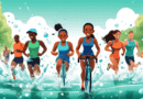 Create an image of a diverse group of athletes engaging in various sports such as running, cycling, and swimming, all while hydrating with water bottles. Emphasize the importance of hydration by showc