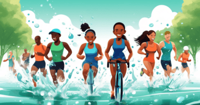 Create an image of a diverse group of athletes engaging in various sports such as running, cycling, and swimming, all while hydrating with water bottles. Emphasize the importance of hydration by showc