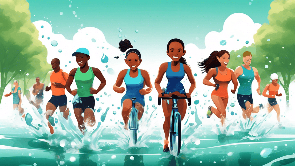 Create an image of a diverse group of athletes engaging in various sports such as running, cycling, and swimming, all while hydrating with water bottles. Emphasize the importance of hydration by showc