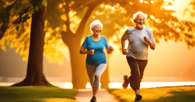 Create an image of a vibrant and active elderly couple, joyfully exercising together in a beautiful park setting. The couple is engaging in various fitness activities like jogging, yoga, and using lig