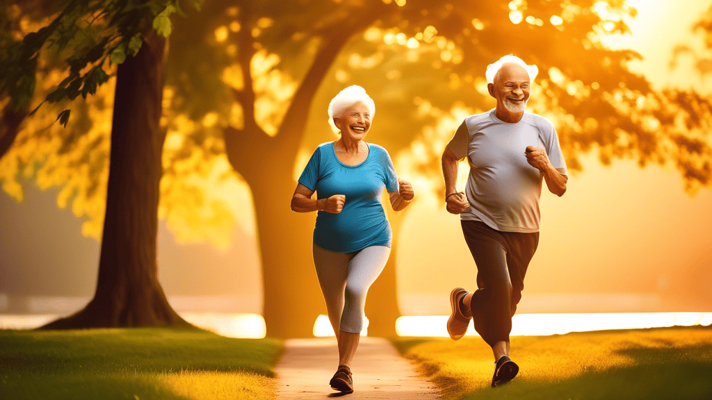 Create an image of a vibrant and active elderly couple, joyfully exercising together in a beautiful park setting. The couple is engaging in various fitness activities like jogging, yoga, and using lig