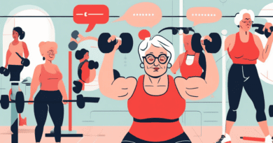 A detailed illustration featuring an older woman confidently lifting weights in a modern gym setting. Surrounding her are speech bubbles containing common strength training myths, such as Weightliftin