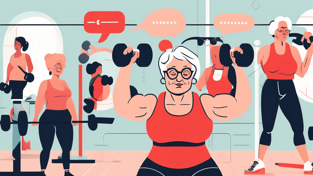 A detailed illustration featuring an older woman confidently lifting weights in a modern gym setting. Surrounding her are speech bubbles containing common strength training myths, such as Weightliftin