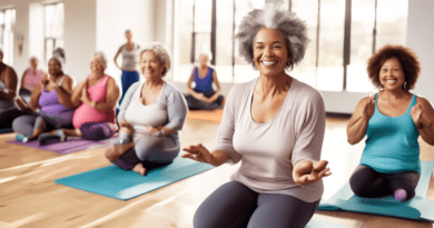 Create an image showing a diverse group of mature women engaging in a variety of cross-training activities, such as yoga, weightlifting, swimming, and cycling, in a bright, spacious gym. Some women ar