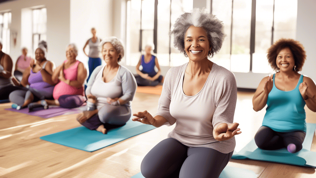 Create an image showing a diverse group of mature women engaging in a variety of cross-training activities, such as yoga, weightlifting, swimming, and cycling, in a bright, spacious gym. Some women ar