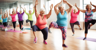 Create an image of a group of mature women engaged in a lively and energetic exercise class in a bright, modern fitness studio. The women, dressed in colorful activewear, are smiling and encouraging e