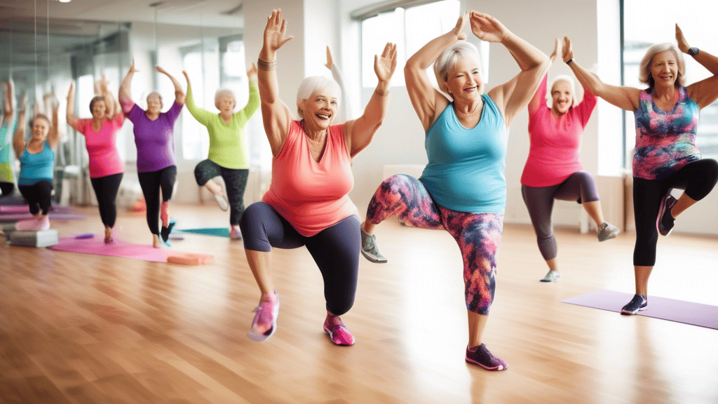 Create an image of a group of mature women engaged in a lively and energetic exercise class in a bright, modern fitness studio. The women, dressed in colorful activewear, are smiling and encouraging e