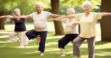 Create an image of elderly individuals in a serene park, engaging in various stretching exercises. Illustrate a diverse group of men and women with calm expressions, demonstrating gentle stretches suc