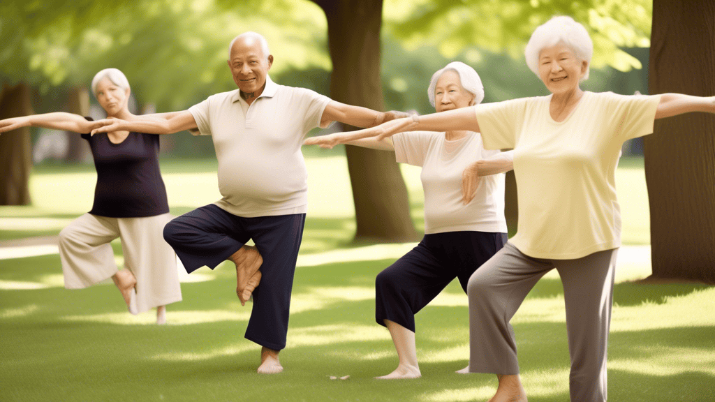 Create an image of elderly individuals in a serene park, engaging in various stretching exercises. Illustrate a diverse group of men and women with calm expressions, demonstrating gentle stretches suc