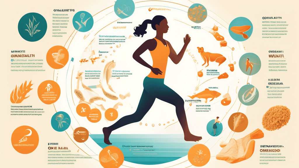 Create an illustration of a person engaged in various fitness activities such as running, biking, and yoga, with a detailed focus on healthy, glowing joints. Surround the scene with visual elements re