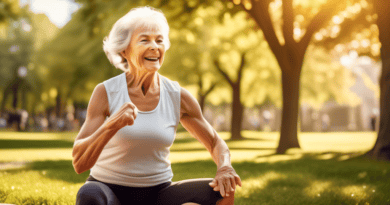 Create a detailed image of an active, lively older woman in a sunny park setting. She is engaged in a light exercise routine, emphasizing toned muscles and overall fitness. Surround her with various s