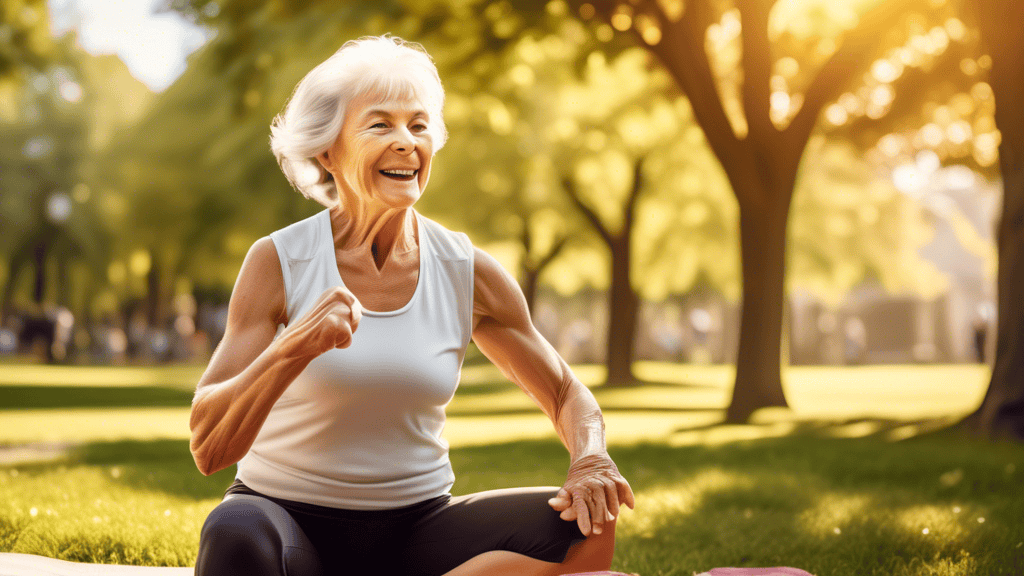Create a detailed image of an active, lively older woman in a sunny park setting. She is engaged in a light exercise routine, emphasizing toned muscles and overall fitness. Surround her with various s