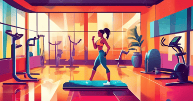 A fitness coach in a sleek modern gym, energetically leading a dynamic workout session amidst advanced exercise equipment and motivational posters, representing a determined attitude towards calorie b