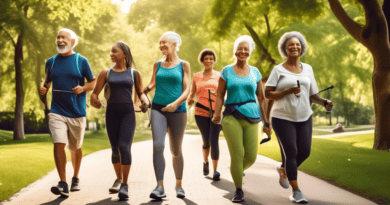 Create an image of a diverse group of people walking briskly in a scenic park. They are dressed in comfortable athletic wear, showcasing various stages of fitness and age groups. Some are using walkin