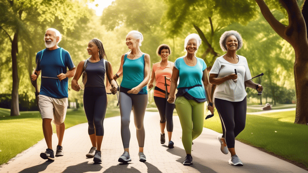 Create an image of a diverse group of people walking briskly in a scenic park. They are dressed in comfortable athletic wear, showcasing various stages of fitness and age groups. Some are using walkin