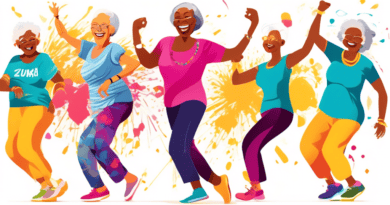 Create an image depicting a vibrant Zumba Gold class for older adults, showing diverse senior participants energetically dancing together with big smiles on their faces. The setting should be a bright