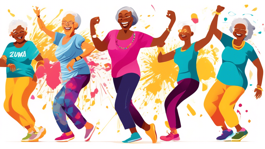 Create an image depicting a vibrant Zumba Gold class for older adults, showing diverse senior participants energetically dancing together with big smiles on their faces. The setting should be a bright